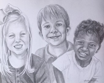 9x12, group faces portrait, pencil drawing, from photo, family portrait, drawing