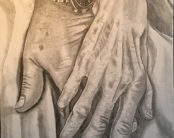 11x14, drawing of hands, custom drawing, drawing from photo, hands, pencil drawing