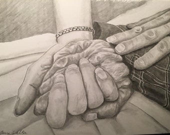9x12, drawing of hands, custom drawing, drawing from photo, hands, pencil drawing