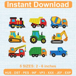 May include: A digital embroidery design set featuring nine colorful construction and transport vehicles including a train, dump truck, cement mixer, bulldozer, tractor, excavator, crane truck, garbage truck, and pickup truck with text Instant Download.