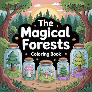 Könnte beinhalten: Eine Illustration für ein Malbuch mit dem Titel "The Magical Forests". Das Cover zeigt fünf Gläser mit Korkdeckeln, die jeweils eine Miniatur-Waldszene mit Bäumen und Pilzen enthalten. Der Hintergrund zeigt einen Wald.