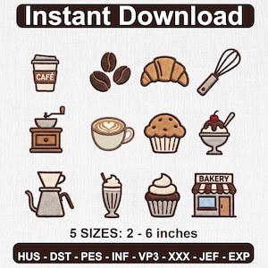 Coffee And Bakery Embroidery Design Bundle, Latte Cappuccino Croissant Cafe Icons, Mini Embroidery Designs 1-3 Inch, Instant Download