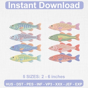 Puede incluir: Una variedad de diseños de peces coloridos en tonos de verde, rosa, azul y amarillo. La imagen incluye el texto "Instant Download" y "5 TAMAÑOS: 5 - 15 cm". Los diseños de peces son adecuados para bordados o manualidades digitales.