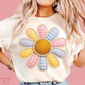 Faux Patchwork Daisy Flower PNG, Spring PNG, Girl Spring PNG, Spring Daisy Flower, Summer PNG, Digital Nedladdning, Sublimering och DTF Design