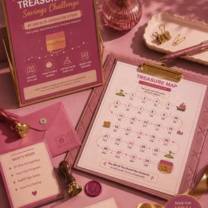 May include: A pink Treasure Map Savings Challenge kit featuring a framed sign, a clipboard with a numbered path to $1,000, a wax seal stamp, gold binder clips, a pen, and small cards with motivational text, all arranged on a matching pink surface.