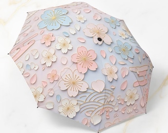 Sakura Dancing Beneath a Soft Blue Sky in Pastel Harmony　Folding Umbrella【Japanese Floral Art】