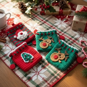 May include: Four handmade crochet gift bags in red and green, featuring Christmas-themed designs. One bag has a Santa Claus applique, another a Christmas tree, and two others have reindeer. The bags are on a plaid surface.
