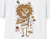 May include: A white short-sleeve t-shirt featuring a central graphic of a lion character wearing a box labeled "SPOTLIGHT". The illustration includes a small crown, a bouquet of red roses, a sun, and a sign that reads "APPLAUSE" in red.
