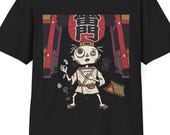 May include: A black short-sleeve t-shirt featuring a graphic print of a stylized character in traditional Japanese attire standing beneath a large red lantern with the kanji characters 雷門. The design includes architectural elements and small icons.