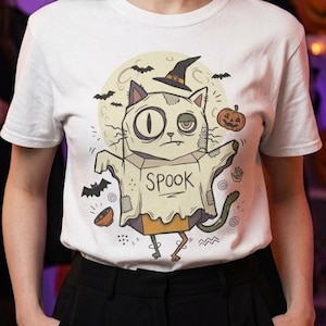 Halloween Cat Ghost Shirt | Funny Witch Cat Tee | Spooky Season Graphic T Shirt | Trick or Treat Costume Top | Cat Mom Gift | Fall Tee