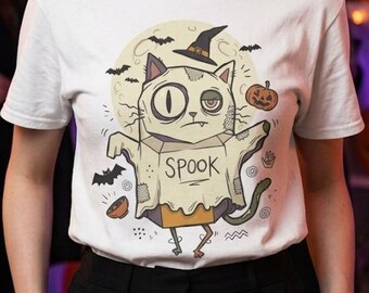 Halloween Cat Ghost Shirt | Funny Witch Cat Tee | Spooky Season Graphic T Shirt | Trick or Treat Costume Top | Cat Mom Gift | Fall Tee
