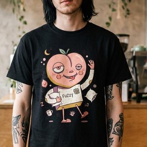 Fuzzy Peach T-Shirt | Lazy Morning Graphic Tee, Sleepy Coffee Lover Unisex Shirt