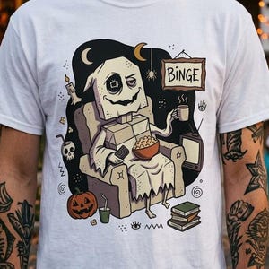 Cozy Halloween Ghost Shirt | Movie Night Graphic Tee | Spooky Season T Shirt | Autumn Binge Watching Tee | Vintage Cozy Tee | Unisex Gift