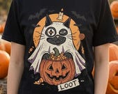 Ghost Cat Halloween Shirt | Spooky Kitten T Shirt | Cute Loot Graphic Tee | Retro Pumpkin Fall Top | Funny Cat Lover Clothes | Unisex Gift