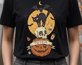 Halloween Black Cat Shirt | Skull Pumpkin Graphic Tee | Gothic Tattoo Flash T Shirt | Spooky Season Cat Lover Gift | Dark Academia Fall Top