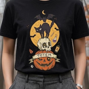 Halloween Black Cat Shirt | Skull Pumpkin Graphic Tee | Gothic Tattoo Flash T Shirt | Spooky Season Cat Lover Gift | Dark Academia Fall Top
