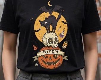 Halloween Black Cat Shirt | Skull Pumpkin Graphic Tee | Gothic Tattoo Flash T Shirt | Cat Lover Tee | Vintage Horror Tee | Unisex Gift