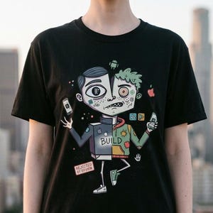 May include: Black t-shirt featuring a cartoon illustration of a split-faced character holding smartphones. The design includes the word "BUILD" and the text "REJECTED BY REVIEW". The character is wearing a jacket with Apple and Android logos.
