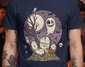 Unisex Graveyard T-Shirt | Spooky Halloween Print | Ghost and Full Moon Graphic Tee | Retro Graveyard T-Shirt