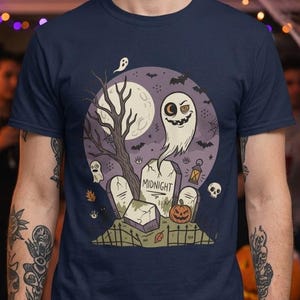 Unisex Graveyard T-Shirt | Spooky Halloween Print | Ghost and Full Moon Graphic Tee | Retro Graveyard T-Shirt