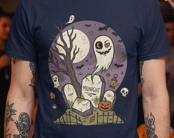 Unisex-Friedhofs-T-Shirt | Gruseliger Halloween-Print | Grafik-T-Shirt mit Geist und Vollmond | Retro-Friedhofs-T-Shirt