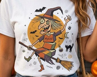 Unisex-Hexen-T-Shirt | Retro-Halloween-Print | T-Shirt mit fliegendem Besenmotiv | Vintage-Hexen-T-Shirt