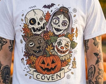 Vintage Halloween Shirt | Skull Werewolf T Shirt | Creepy Clown Witch Tee | Pumpkin Coven Graphic Tee | Retro Horror Tee | Unisex Gift