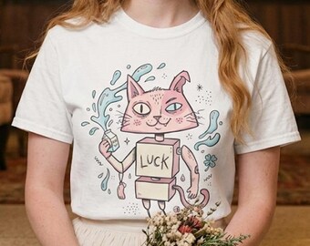 Surreal Robot Cat T-Shirt | Pink Lucky Cat Graphic Tee, Indie Lowbrow Art Shirt