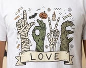 Halloween Love Shirt | Monster Hands T Shirt | Spooky Skeleton Hand Tee | Zombie Mummy Graphic Tee | Cute Creepy Fall Tee | Unisex Gift