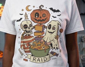 Vintage Halloween-tröja | Skelett-spöke-t-shirt | Spöklik godisskål-t-shirt | Pumpa-bus eller godis-t-shirt | Retro läskig t-shirt | Unisex-present