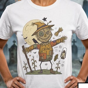 Camiseta unissex com estampa de espantalho | Estampa divertida de Halloween | Camiseta com estampa de colheita de outono | Camiseta assustadora com estampa de espantalho