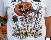 Scream Skeleton Halloween Shirt | Pumpkin Rocker T Shirt | Metal Horror Tee | Retro Fall Concert Top | Gothic Rock Clothes | Unisex Gift