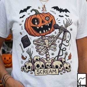 Scream Skeleton Halloween Shirt | Pumpkin Rocker T Shirt | Metal Horror Tee | Retro Fall Concert Top | Gothic Rock Clothes | Unisex Gift