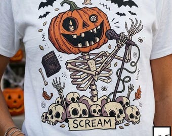 Scream Skeleton Halloween Shirt | Pumpkin Rocker T Shirt | Metal Horror Tee | Retro Fall Concert Top | Gothic Rock Clothes | Unisex Gift