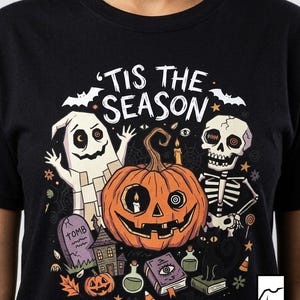 Tis The Season Halloween Shirt | Spooky Ghost T Shirt | Cute Pumpkin Graphic Tee | Retro Horror Fall Top | Gothic Cat Clothes | Unisex Gift