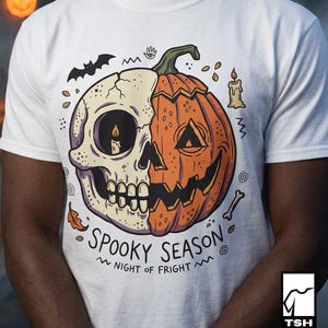Spooky Season Halloween Shirt | Skull Pumpkin T Shirt | Retro Horror Graphic Tee | Creepy Fall Outfit | Gothic Autumn Wear | Unisex Gift