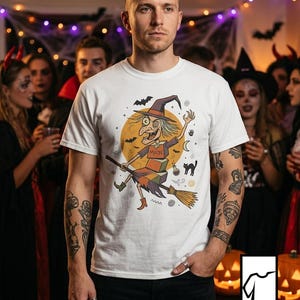 Unisex Witch T-Shirt | Retro Halloween Print | Flying Broomstick Graphic Tee | Vintage Witch T-Shirt