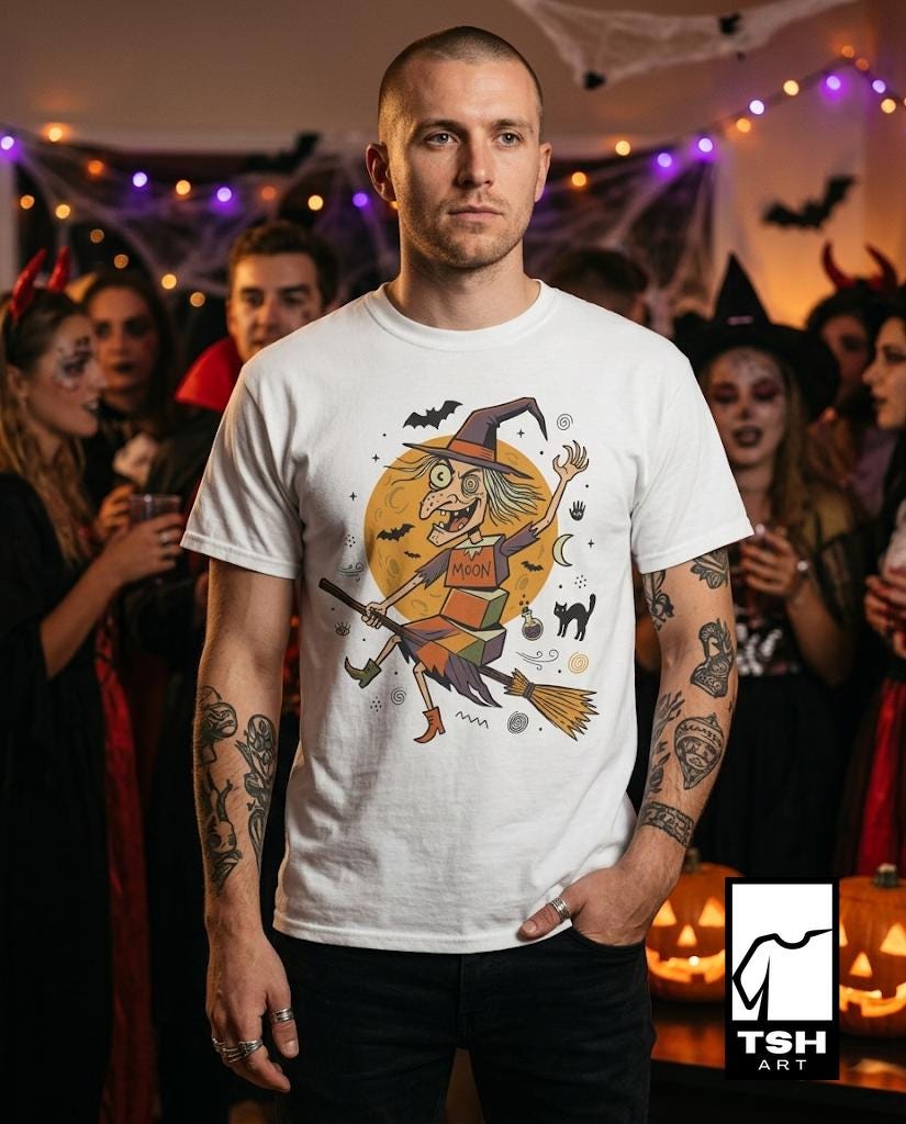 Unisex Witch T-Shirt | Retro Halloween Print | Flying Broomstick Graphic Tee | Vintage Witch T-Shirt