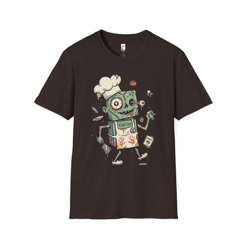 Koszulka Zombie Chef | Koszulka z grafiką Horror Cooking, odzież dla smakoszy na Halloween Dark Chocolate