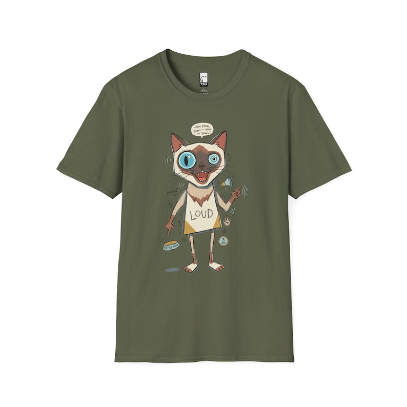 Camiseta de gato siamés ruidoso / Camiseta gráfica divertida de felino parlanchín, camiseta "3 AM Meow" Military Green