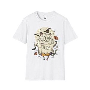 Halloween Cat Ghost Shirt | Funny Witch Cat Tee | Spooky Season Graphic T Shirt | Trick or Treat Costume Top | Cat Mom Gift | Fall Tee White