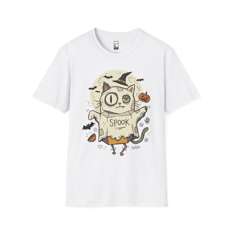 Halloween Cat Ghost Shirt | Funny Witch Cat Tee | Spooky Season Graphic T Shirt | Trick or Treat Costume Top | Cat Mom Gift | Fall Tee White
