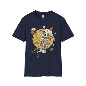 Funny Skeleton Shirt | Beer Drinking Tee | Halloween Party T Shirt | Spooky Humor Graphic Tee | Dancing Skeleton Tee | Unisex Gift Navy