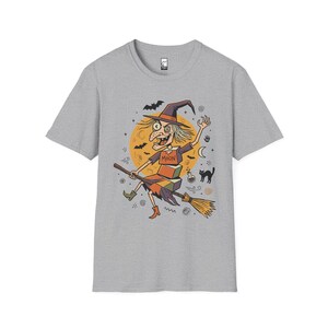 Unisex Witch T-Shirt | Retro Halloween Print | Flying Broomstick Graphic Tee | Vintage Witch T-Shirt Sport Grey