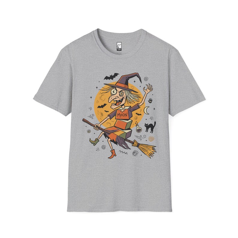 Unisex Witch T-Shirt | Retro Halloween Print | Flying Broomstick Graphic Tee | Vintage Witch T-Shirt Sport Grey