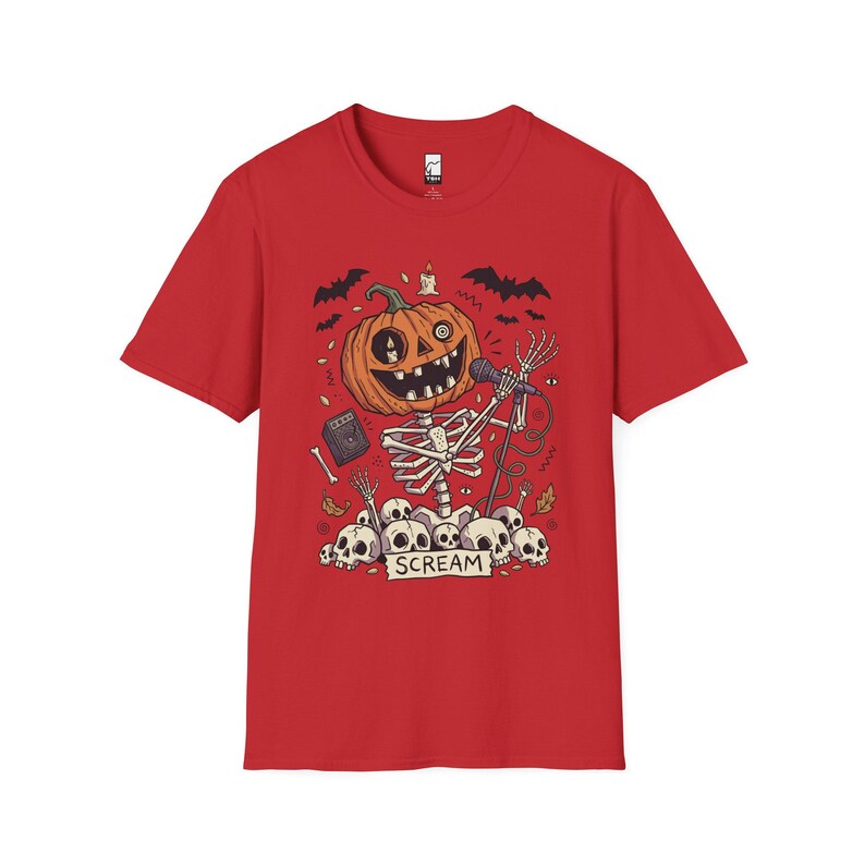Scream Skeleton Halloween Shirt | Pumpkin Rocker T-shirt | Metal Horror Tee | Retro Herfstconcert Top | Gothic Rock Kleding | Unisex Cadeau Red