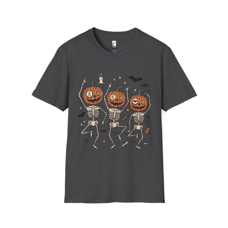 踊るカボチャの骸骨Tシャツ｜ハロウィン ジャック・オー・ランタン Dark Heather