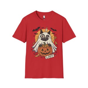Ghost Cat Halloween Shirt | Spooky Kitten T Shirt | Cute Loot Graphic Tee | Retro Pumpkin Fall Top | Funny Cat Lover Clothes | Unisex Gift Red