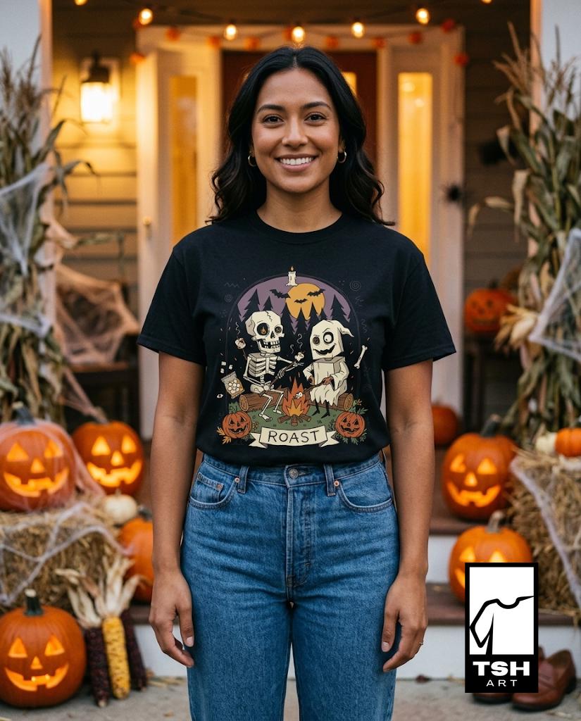 Skeleton Roast Halloween Shirt | Ghost Campfire Tee | Funny Marshmallow T Shirt | Spooky Smores Graphic Tee | Retro Fall Tee | Unisex Gift