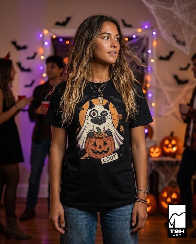 Ghost Cat Halloween Shirt | Spooky Kitten T Shirt | Cute Loot Graphic Tee | Retro Pumpkin Fall Top | Funny Cat Lover Clothes | Unisex Gift